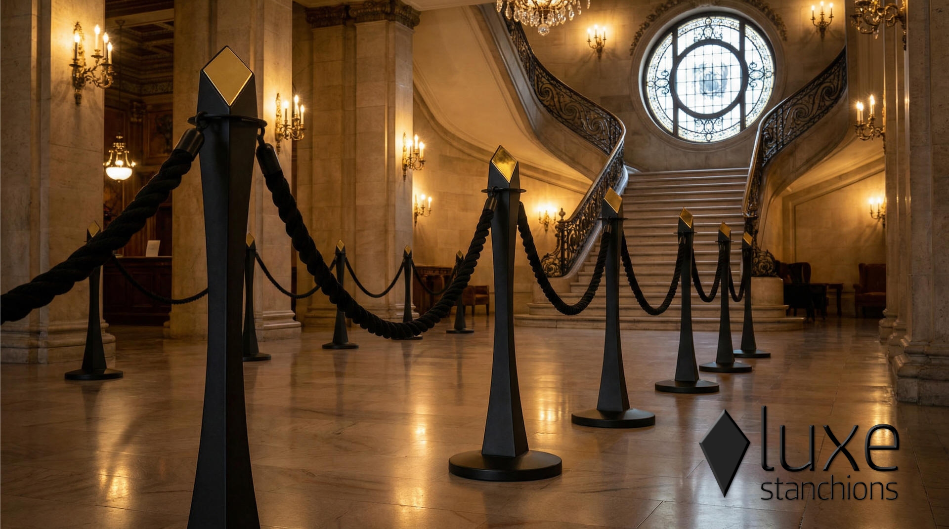 Matte Black Luxe Diamond Stanchions Brandable Black Post and Rope Stanchions