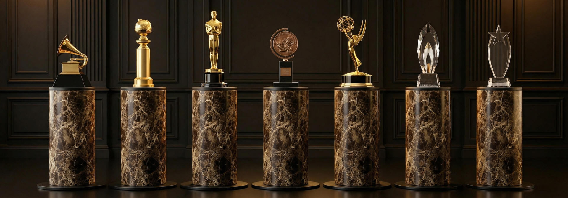 Brown Marble Plinths Round Pedestals Round brown and black marble plinths with bases for luxury interiors