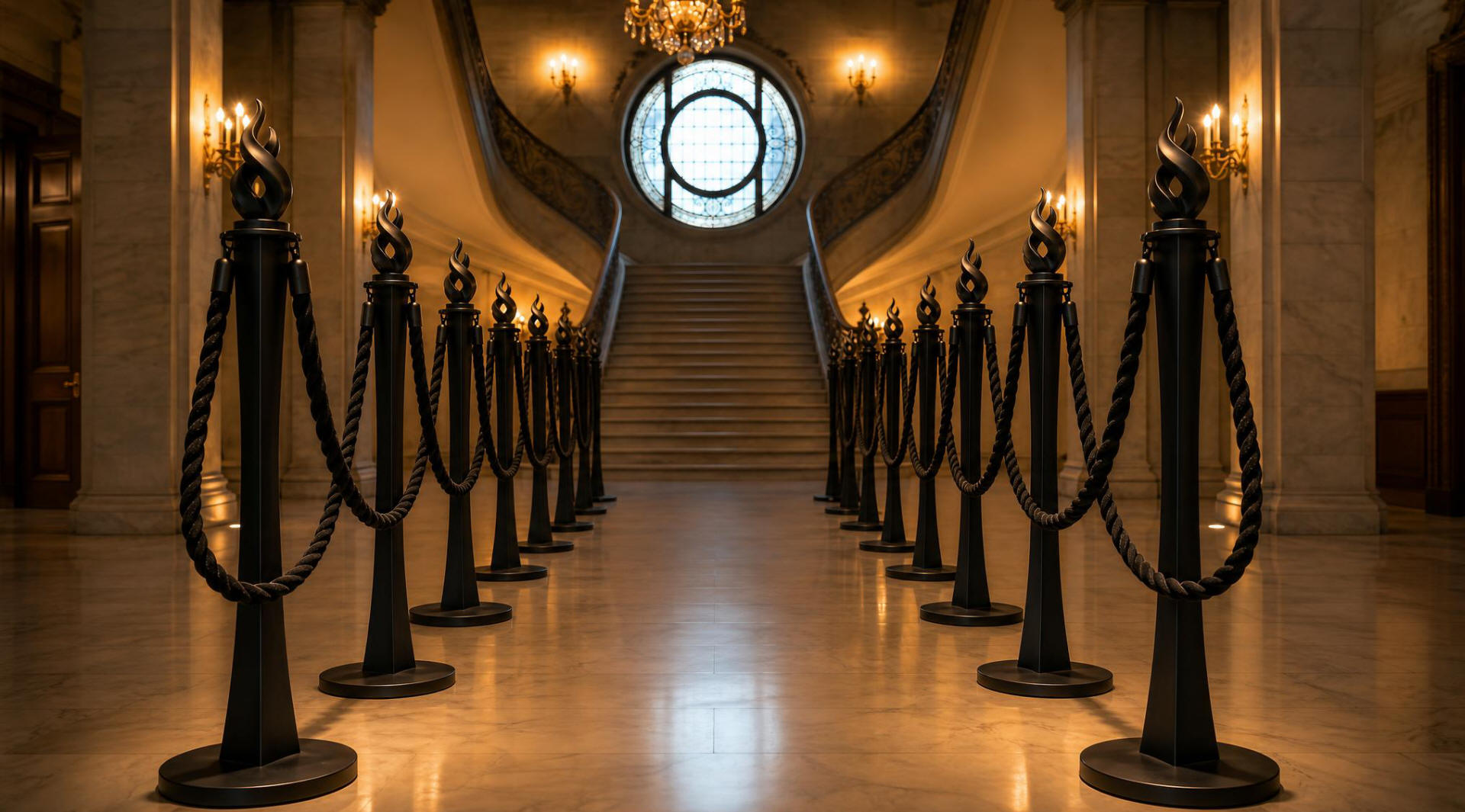 Luxe Torch Matte Black Stanchions Luxe Torch matte black stanchions with sculptural flame-inspired tops